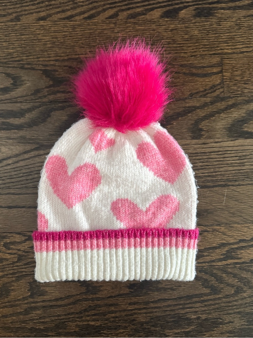 Kids White and Pink Heart Pom-Pom Beanie